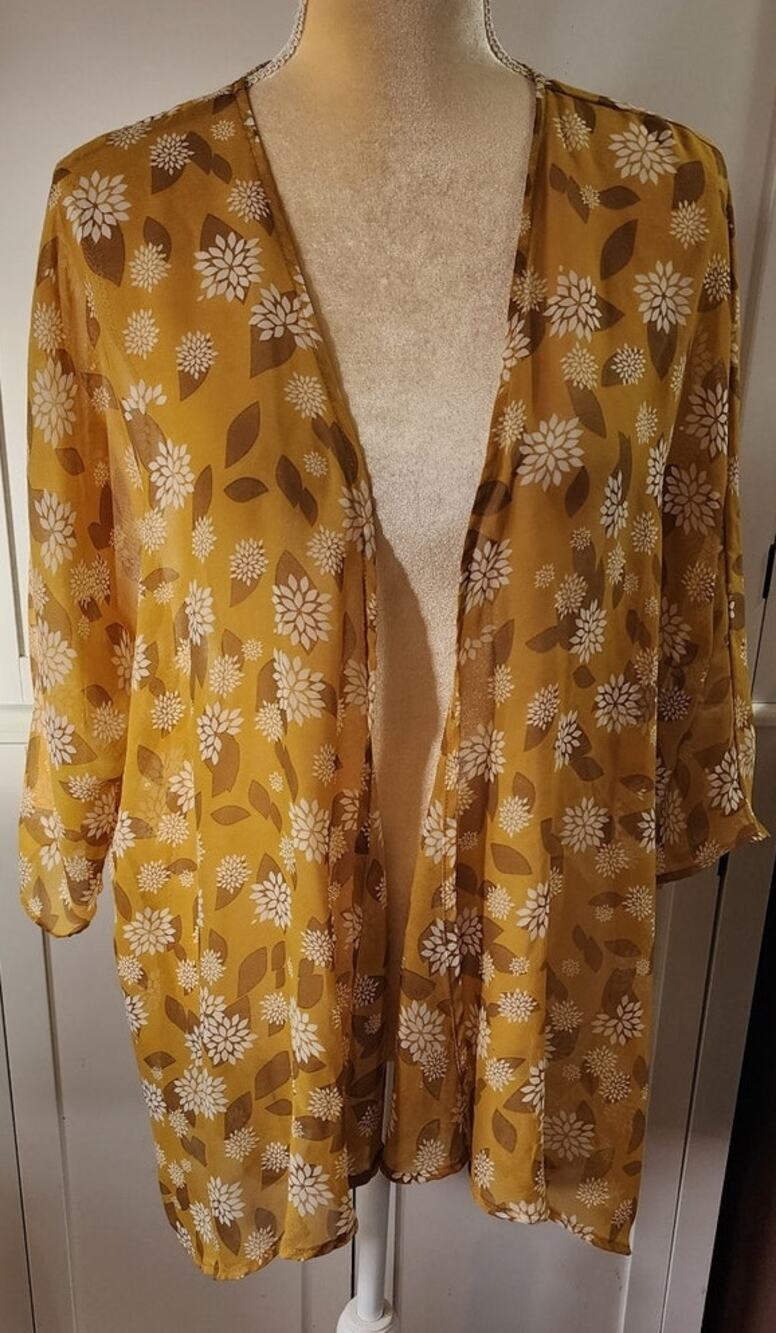 Lula Roe Floral Kimono Sheer Mustard Yellow Cover Up Cardigan Size Medium